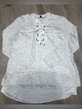 (Bin 27) Simply Vera Vera Wang White Speckled Knit Top with Ribbon Tie, Size M